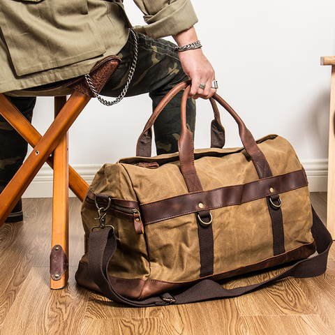 Grand sac de voyage en cuir de 55cm, sacs à main Vintage de voyage froissés, sac à bandoulière étanche pour hommes, vert armée ► Photo 1/6