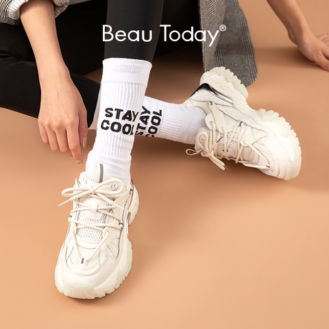 BeauToday – baskets en cuir synthétique pour femmes, chaussures à bout rond croisé, Cool, respirantes, épaisses, faites à la main, 29399 ► Photo 1/6
