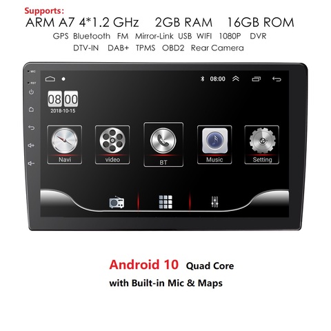 Autoradio avec lecteur DVD multimédia, GPS, Bluetooth, WIFI, mirrorlink, OBD2, DAB +, FM, 1/9/10 pouces, Android 10, 2 Din, universel ► Photo 1/6