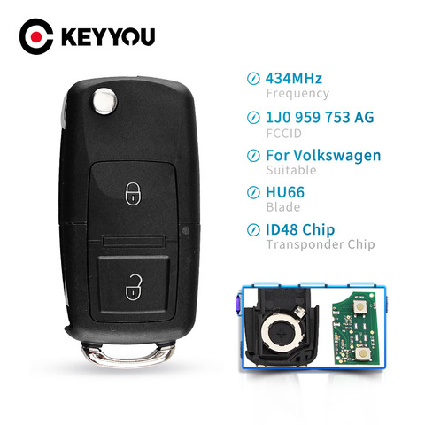 KEYYOU – clé télécommande à 2 boutons pour voiture, 434MHz, avec puce ID48, pour VOLKSWAGEN VW Golf 4 5 Passat b5 b6 polo Touran, 1J0 959 753 AG ► Photo 1/6