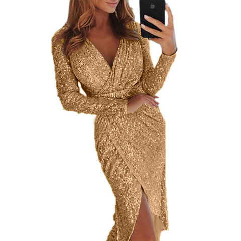 Robe moulante pour femmes, vêtement Sexy de dîner, bronzant, manches longues, col en v, tenue scintillante, tendance, nouvelle collection, TL34 ► Photo 1/6