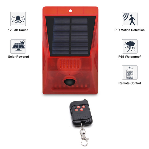 Capteur de mouvement PIR à énergie solaire, alarme de sécurité avec télécommande, sirène stroboscopique 129dB, pour maison, jardin, hangar, caravane ► Photo 1/6