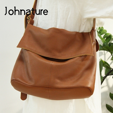 Johnature – sac à bandoulière en cuir de vache pour femmes, sac de loisirs, première couche, grande capacité, couleur unie, nouvelle collection 2022 ► Photo 1/6