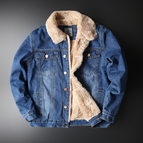 Veste d'hiver de bonne qualité en jean pour hommes, grande couleur unie, veste en jean décontracté, à col en fourrure et velours, M-5XL ► Photo 1/6