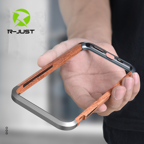 R-JUST luxe en aluminium métal bois pare-chocs étui pour iPhone SE 2022 11 Pro Max X 7 8 XR XS MAX mince bois naturel marque téléphone couverture ► Photo 1/6