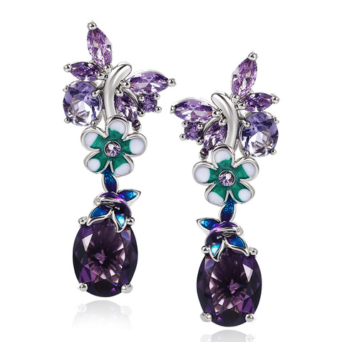 Huitan – boucles d'oreilles de mariée, magnifiques, pour fête de mariage, fiançailles, mystérieux, violet, CZ, romantique, bijoux de déclaration ► Photo 1/4