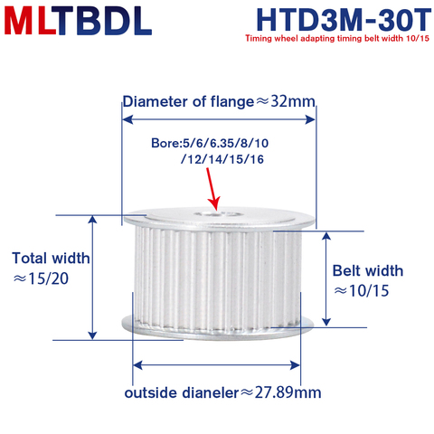 Poulie de distribution synchrone en alliage d'aluminium, 3M 30T, 5/6/6.35/8/10mm, pas de 3mm, 11mm de largeur de courroie ► Photo 1/6