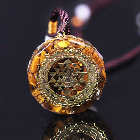 Collier avec pendentif en Orgonite Sri Yantra, bijoux de Yoga, à géométrie sacrée, énergie de guérison, oeil de tigre ► Photo 1/6