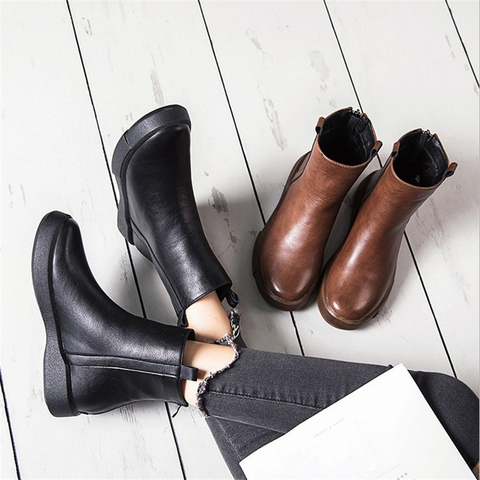 JIANBUDAN-bottines en cuir pu pour femme, haute qualité, bottines plates, rétro en peluche, tendance, automne hiver, collection décontracté ► Photo 1/6