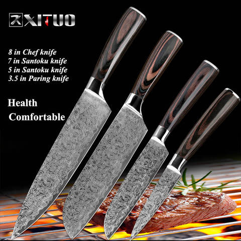 XITUO meilleur 3 pcs cuisine couteaux ensembles Japonais Damas acier Motif chef couteau ensembles Couperet À Éplucher Santoku À Trancher utilitaire outil ► Photo 1/6