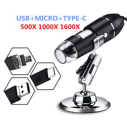 Microscope numérique caméra vidéo 8 LED 1600X 1000X 500X 3 en 1 MICRO/TYPE-C/USB loupe avec support en métal ► Photo 1/6