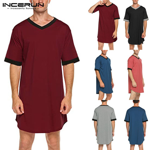 INCERUN hommes sommeil Robes à manches courtes col en V chemise de nuit Homewear confortable Patchwork en vrac hommes peignoirs robe de chambre S-5XL ► Photo 1/6