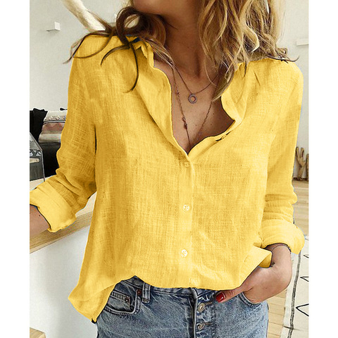 Loisirs blanc jaune chemises bouton revers Cardigan haut dame à manches longues en vrac surdimensionné chemise femmes Blouses printemps Blusas Mujer ► Photo 1/6