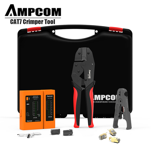 AMPCOM – Kit d'outils réseau, outil professionnel RJ45 (sertisseuse Cat7, 10 connecteurs Cat7 pièces testeur de câble réseau, outil de dénudage) ► Photo 1/6