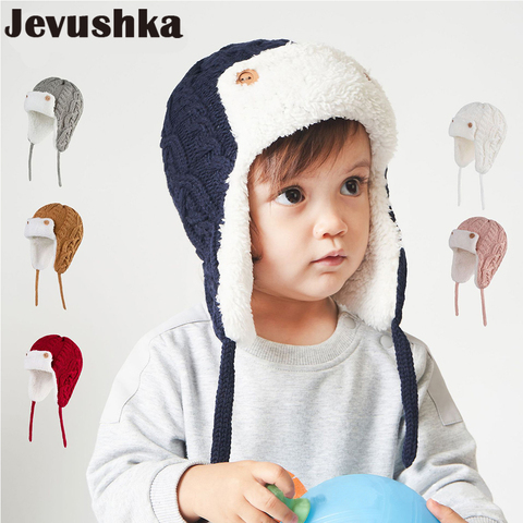 Chapeau bombardier d'hiver pour bébé, bonnet en coton tricoté pour enfants, garçons et filles, avec doublure polaire ► Photo 1/6
