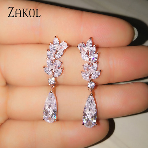 ZAKOL – boucles d'oreilles en Zircon blanc en forme de fleur, goutte d'eau, cristal, pendentif pour femme mariée, bijoux de mariage, FSEP50L ► Photo 1/6