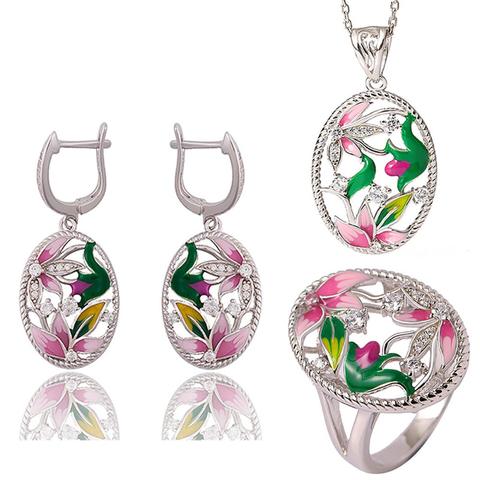 Collier et boucles d'oreilles en émail pour femme, fleur et strass, boucles d'oreilles ovales, anneau, bijoux, cadeau ► Photo 1/6