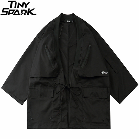 Blouson Kimono japonais noir pour hommes, veste Cardigan Style Harajuku, poches à fermeture éclair, Hip Hop, Streetwear, Style japonais, collection 2022 ► Photo 1/6