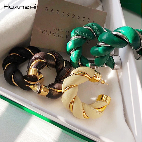 HUANZHI – boucles d'oreilles géométriques en cuir et métal torsadé pour femmes et filles, bijoux de fête, tendance, noir, blanc, vert, 2022 ► Photo 1/6