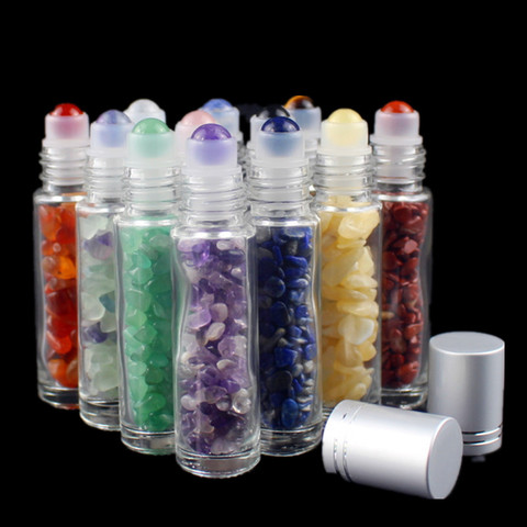 Flacons à rouleau pour huiles essentielles en pierres précieuses naturelles, flacons transparents, parfums, liquides et puces en cristal, 5 pièces de 10ml ► Photo 1/6