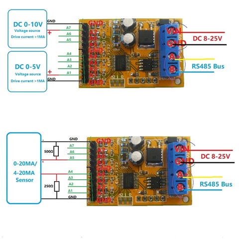 Module analogique de l'échantillonneur RS485 ModBus RTU d'acquisition de tension de 7ch 5V 10V pour le capteur ADC 4-20ma d'oscilloscope de PLC ► Photo 1/6