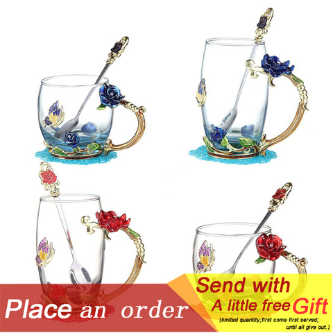 Tasse à thé, tasse à café, Rose émaillé, fleur peinte papillon, verre transparent avec cuillère, cadeau idéal ► Photo 1/6