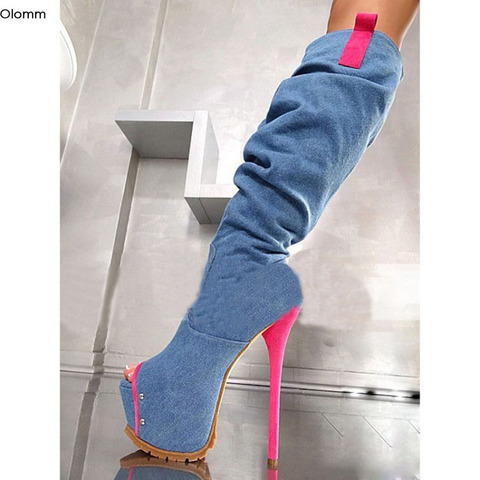 Olomm – bottes mi-mollet Sexy à talons hauts et fins pour femmes, chaussures décontractées bleues à bout ouvert, taille américaine 5-15, nouvelle mode ► Photo 1/1