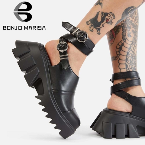 BONJOMARISA La Grande Taille 43 Sandales Femme Noir Boucle Sangle Plate-Forme Punk Sandales À Talons Hauts Cool Chaussures De Loisir À La Mode Femme ► Photo 1/6