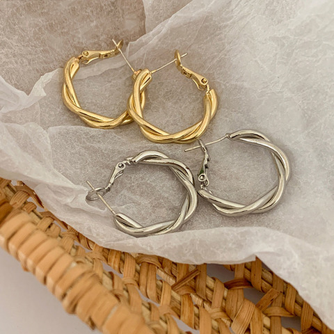 Coréen Simple Tissage Twist Circle Cerceau Capricieux En Métal Doré Boucles D'oreilles pour Les Femmes Filles ► Photo 1/6