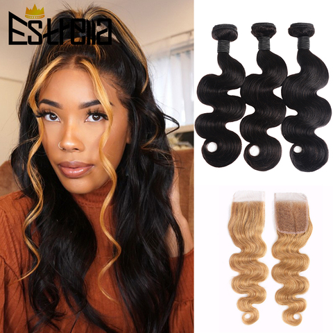 Mèches malaisiennes naturelles Remy Body Wave avec Closure, Blond miel, Swiss Lace, Extensions de cheveux, lots de 3 ► Photo 1/6