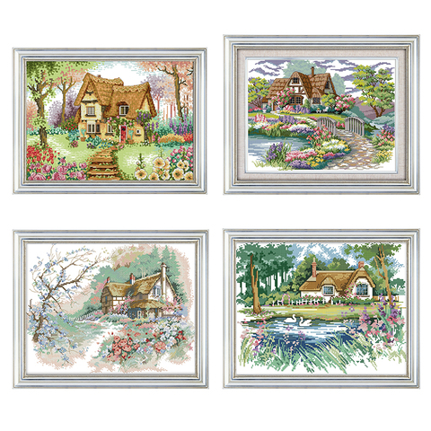 Kit de broderie au point de croix avec motifs jardin chalet, impression paysage, point de croix, Kit de couture en coton, 14ct ► Photo 1/6