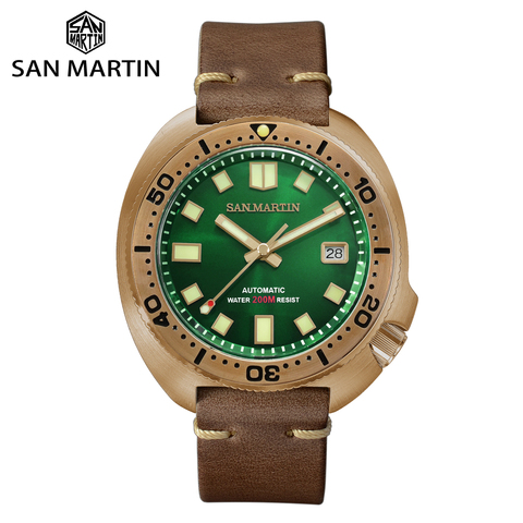 San Martin – Montre mécanique lumineuse pour homme, résiste à l'eau jusqu'à 200 m, bracelet cuir, cadran en bronze, style ► Photo 1/6
