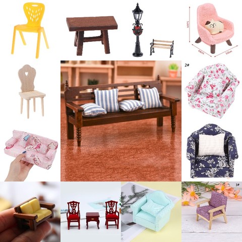 Mini 1/12 jardin chaise en bois tabouret canapé mignon oreiller pour canapé lit maison de poupée meubles jouets maison de poupée décoration accessoires ► Photo 1/6