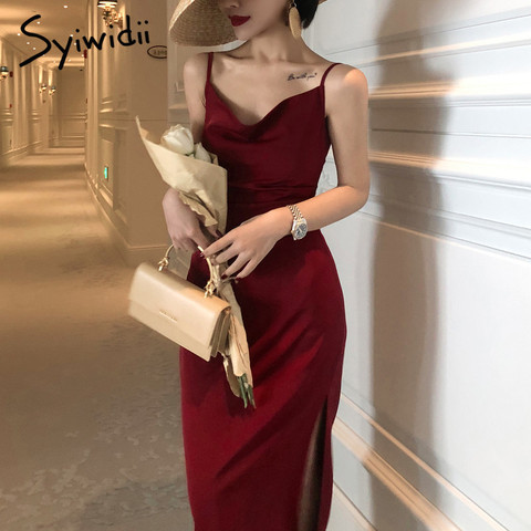 Syiwidii – robe de soirée en Satin pour femmes, décontractée, sans manches, à bretelles Spaghetti, droite, rouge, noir, mode française, printemps été 2022 ► Photo 1/6