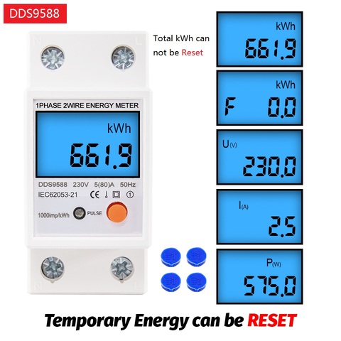 Din Rail, compteur d'énergie monophasé LCD numérique rétroéclairé, kWh, consommation d'énergie, wattmètre, réinitialisation électronique zéro AC 220V 80A ► Photo 1/6