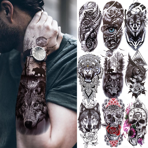 Autocollant de tatouage de forêt noire pour hommes, femmes, enfants, crâne de tigre, loup, mort, tatouage temporaire, faux henné, squelette de roi, Animal ► Photo 1/6