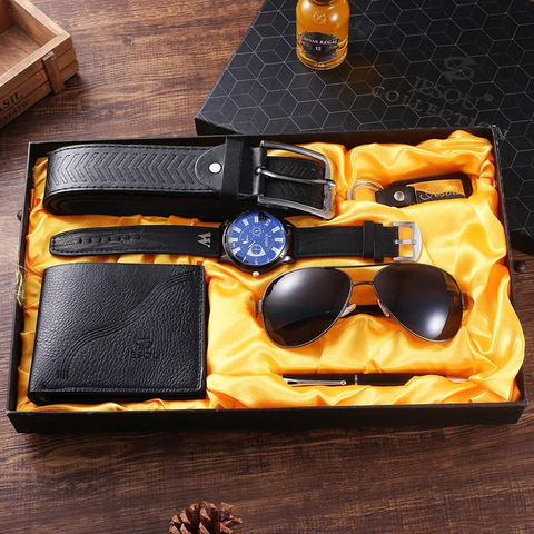 Montre de luxe à grand cadran pour hommes, ensemble de cadeaux, montre-bracelet à Quartz, ceinture, portefeuille pliable, mode lunettes de soleil, porte-clés stylo, fête des pères ► Photo 1/5