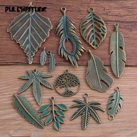 Mélange de 2 à 30 pièces en métal Bronze vert en alliage de Zinc, breloques de feuilles, idéal pour bijoux plante médicale, pendentif breloques, 13 styles ► Photo 1/6