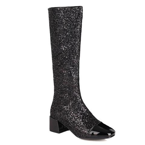 Paillettes couture cuir verni genou-longueur bottes paillettes talon épais bout carré brillant femmes bottes hiver court en peluche chaussures ► Photo 1/6