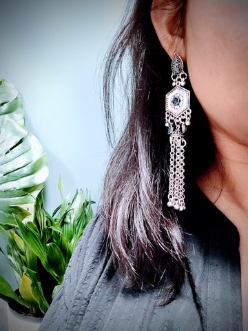 Boucles d'oreilles Jhumka indiennes pour femmes, Vintage, oxydé, couleur argent, métal, longues pampilles suspendues, bijoux tribaux africains, cadeau ► Photo 1/6