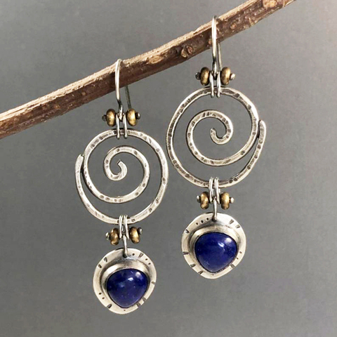 Boucles d'oreilles Vintage en spirale bleue pour femmes, bijoux Tribal en métal Antique couleur argent, boucles d'oreilles ethniques tourbillonnantes, cadeau ► Photo 1/6