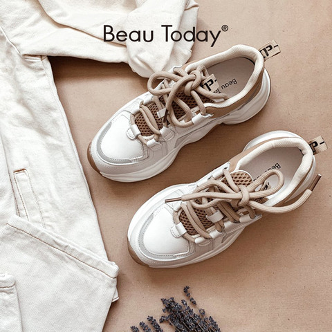 BEAUTODAY – Baskets en cuir de vache et mailles, style rétro, pour femme, grosses chaussures à plateforme et à lacets, faites à la main, décontractées modèle 29333 ► Photo 1/6