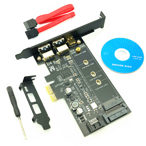 Double USB3.0 1 port Type-c M.2 PCIe Adaptateur M2 SSD SATA B Clé à PCI-e 3.0 Contrôleur carte de convertisseur pour 2280 2260 2242 2230 NGFF ► Photo 1/6