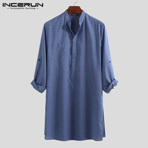 INCERUN hommes chemise couleur unie col montant longue ample Vintage décontracté hauts indien vêtements Camisa manches hommes longues chemises 2022 5XL ► Photo 1/6