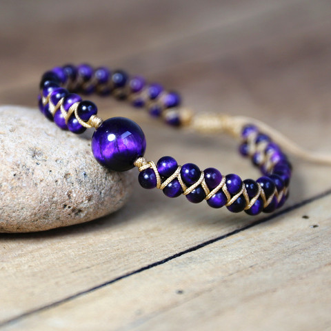 Bracelets à breloques en pierre naturelle fait à la main, chaîne en oeil de tigre violet, Bracelets tressés, Bracelet d'amitié, bijoux pour femmes ► Photo 1/6
