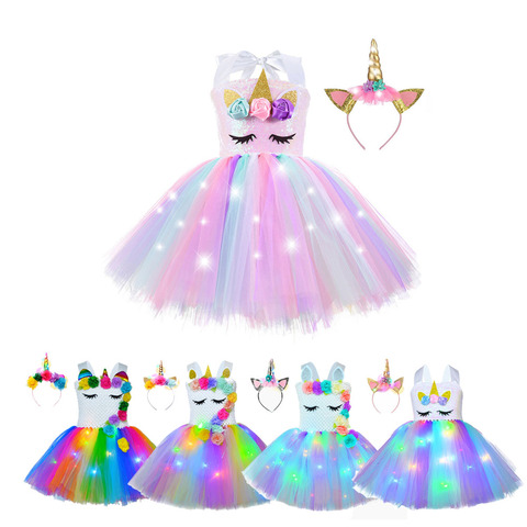 Fille licorne robes pour filles Tutu princesse robes de fête avec LED lumières fleur fête d'anniversaire Cosplay Costume filles vêtements ► Photo 1/5