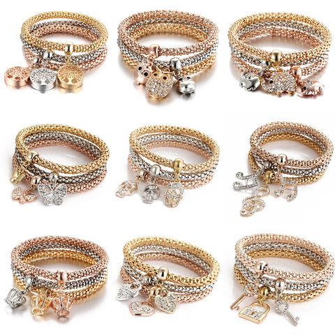 Bracelets élastiques pour femmes, Bracelets en cristal, arbre de vie, hibou, serrure à clé, Note de musique, hibou, cœur, papillon, breloques, bijoux, 3 couleurs/Lot ► Photo 1/6