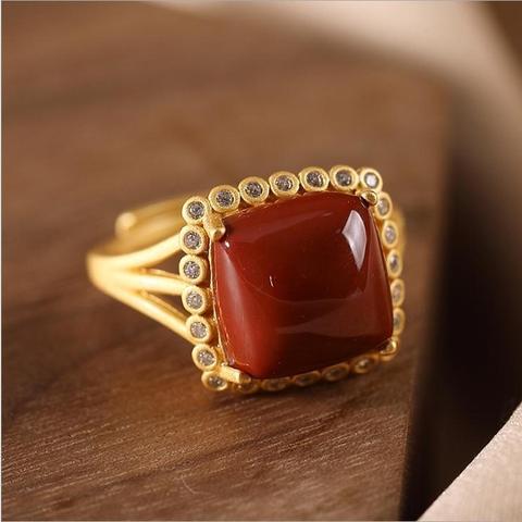 SNew-bague géométrique argent incrustée d'agate rouge du sud, chinois rétro ouverture creuse ajustable, bijoux de marque pour femmes ► Photo 1/6