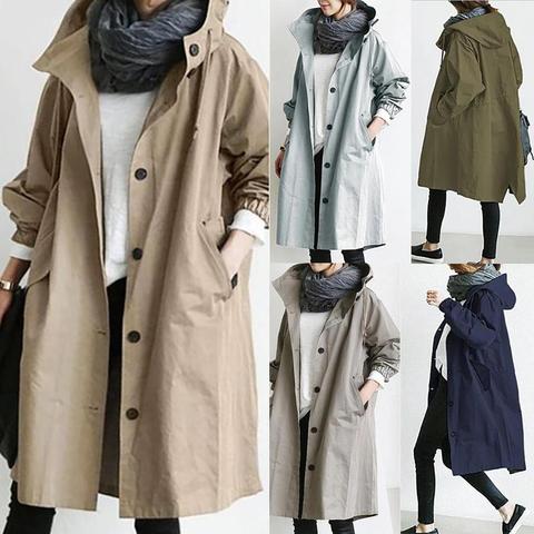 2022 femmes automne couleur unie poche coupe-vent à capuche longue Trench manteau vêtements d'extérieur femmes vêtements ► Photo 1/6