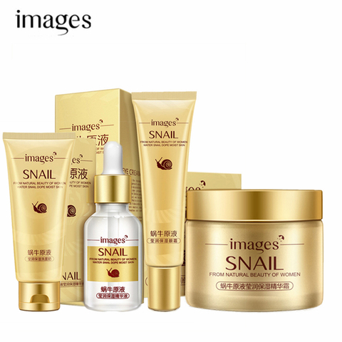 4 pièces Images escargot visage soins de la peau ensemble crème de jour/Essence/crème pour les yeux/nettoyant Anti-âge réparation blanchissant soins du visage ensemble ► Photo 1/6